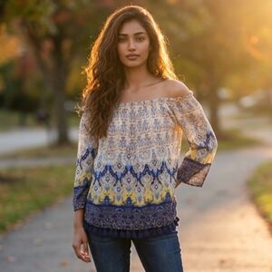 Cremieux Women's Top White, Yellow, and Blue Pattern Large